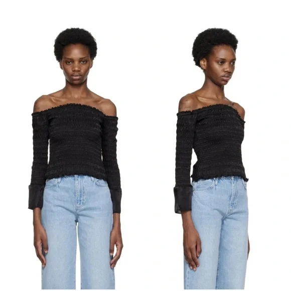 FRAME Smocked Off Shoulder Top in Black Size XS - Picture 2 of 16